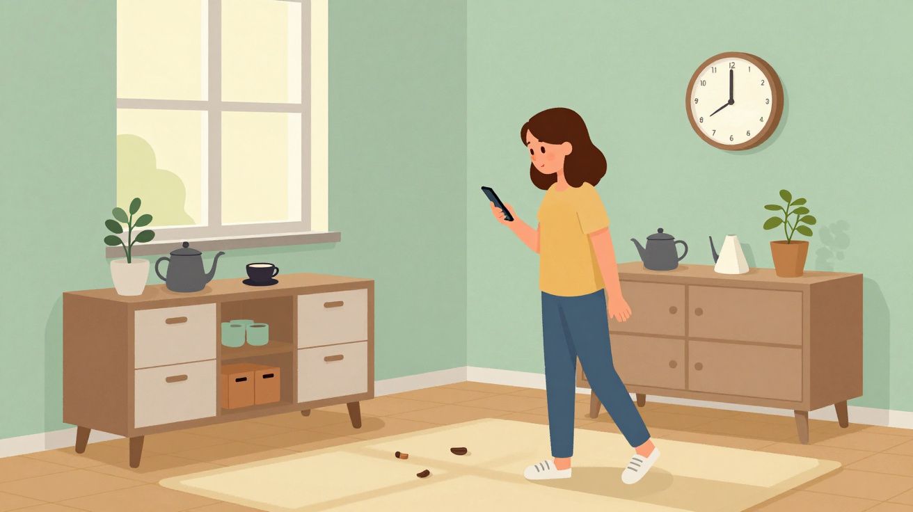 Femeie în sufragerie privind telefonul, mobilă, ceainic și boabe de cafea împrăștiate pe covor.