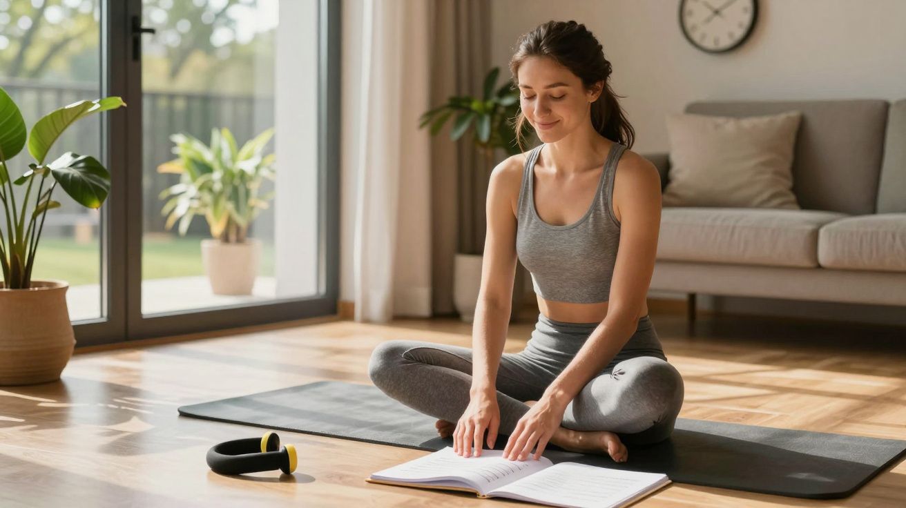 Femeie sportivă, pe saltea de yoga, citind un caiet într-un living luminos