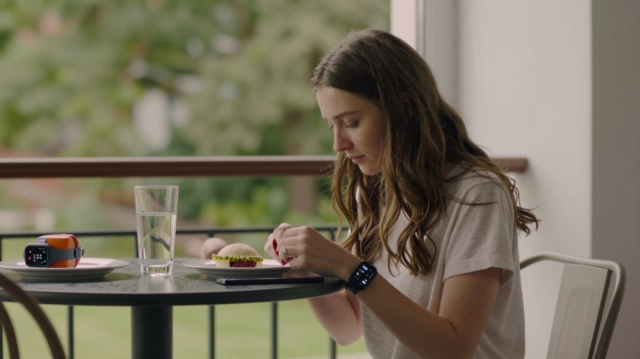 Femeie tânără la masă pe balcon, mănâncă un sandviș mic; pahar cu apă și ceasuri inteligente pe masă.