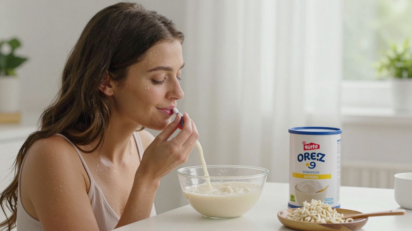 Femeie gustând lapte de orez din linguriță, bol cu lapte și cutie de orez instant pe masă