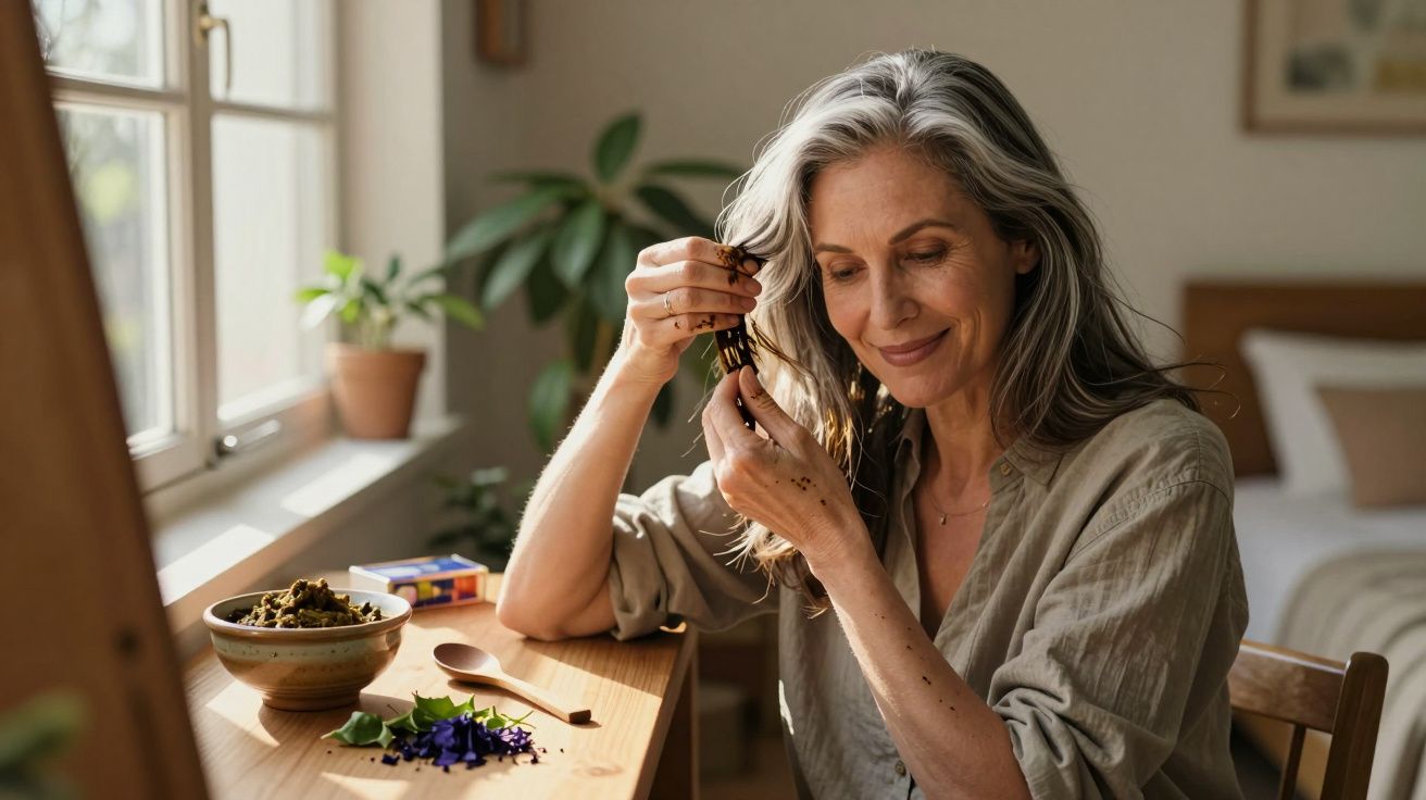 Femeie matură la fereastră, zâmbitoare, pregătind ierburi și petale uscate pe o masă luminoasă