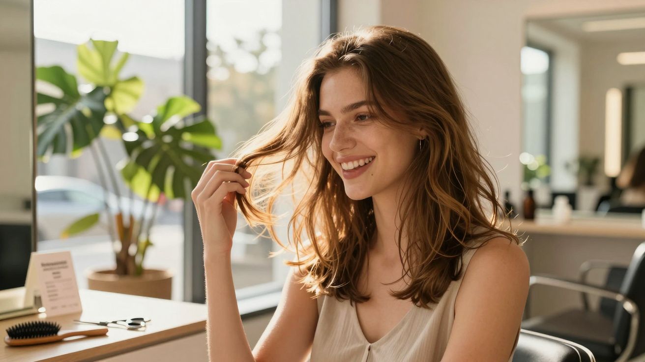 Femeie tânără zâmbitoare într-un salon de coafură, atingându-și părul; perie și plantă pe tejghea.
