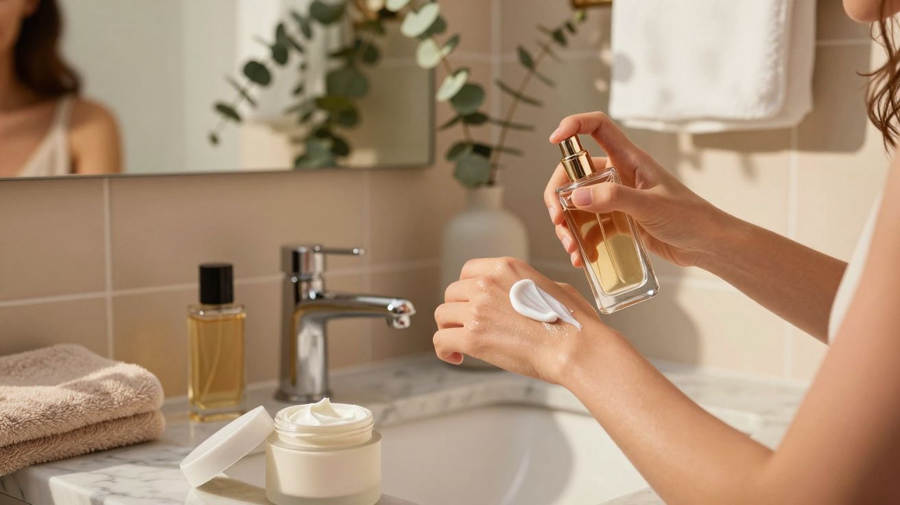 Persoană aplicând parfum peste cremă pe mână, lângă lavoar cu borcan de cremă și sticlă de parfum
