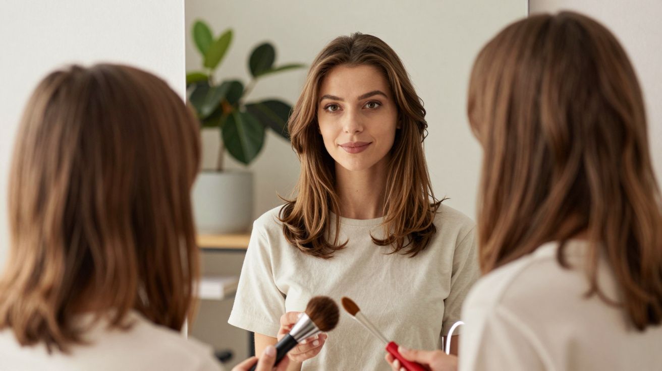 Tânără zâmbitoare privind într-o oglindă, ținând pensule de machiaj, plantă decorativă în fundal