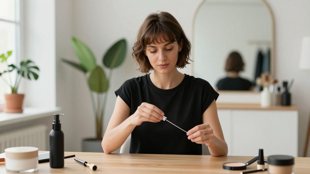 Femeie la toaletă pregătind aplicator de rimel, oglindă și produse cosmetice pe masă