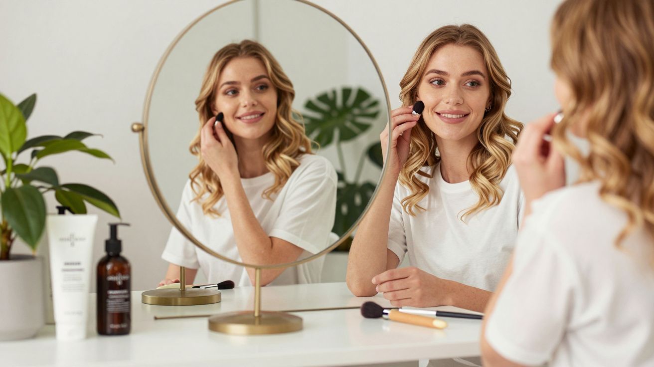 Femeie zâmbitoare aplicând machiaj cu pensulă în fața unei oglinzi rotunde pe masă, produse cosmetice și plante lângă ea