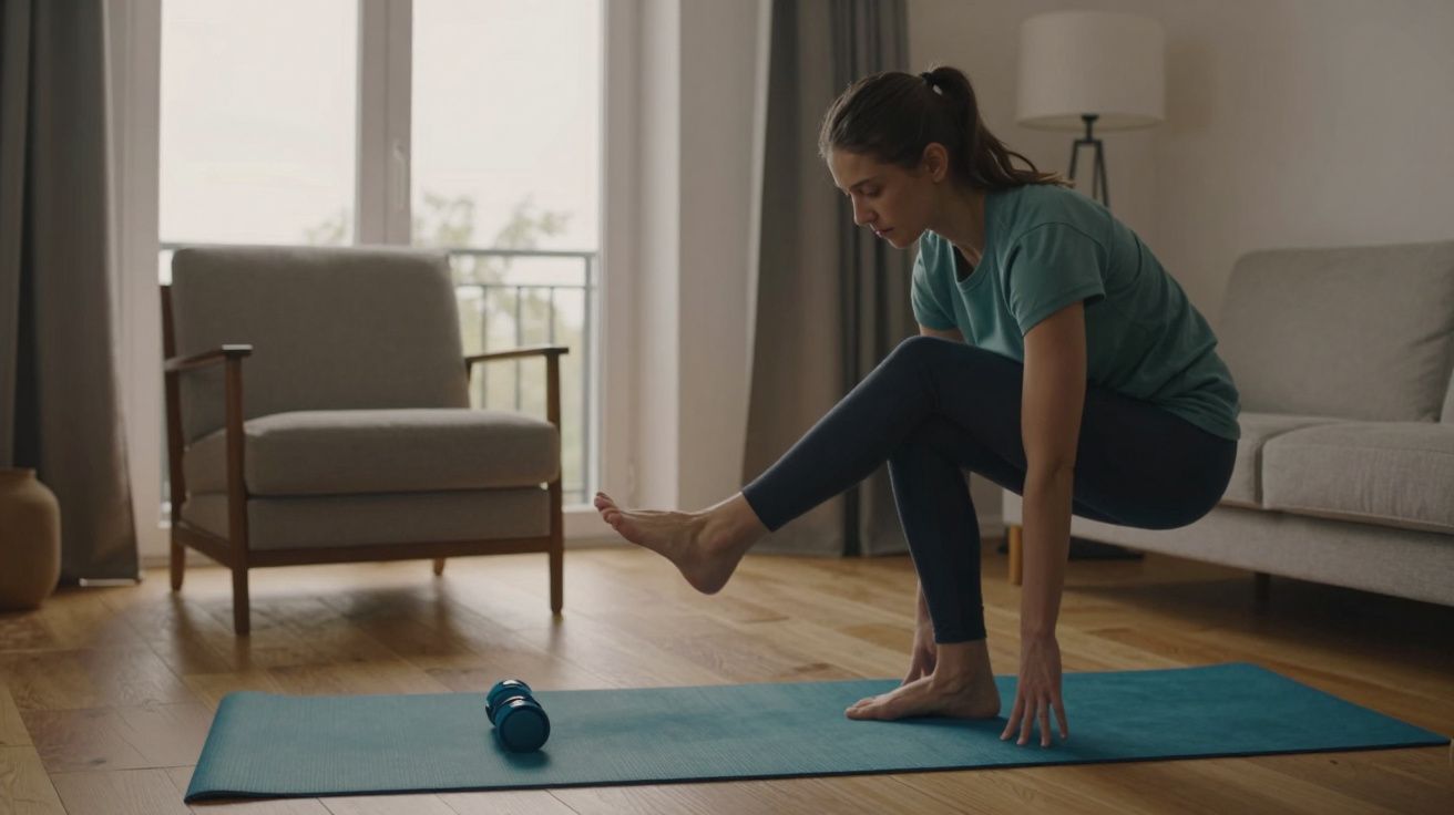 Femeie exersează echilibrul pe saltea în living, sprijinită pe mâini, o ganteră albastră lângă saltea.