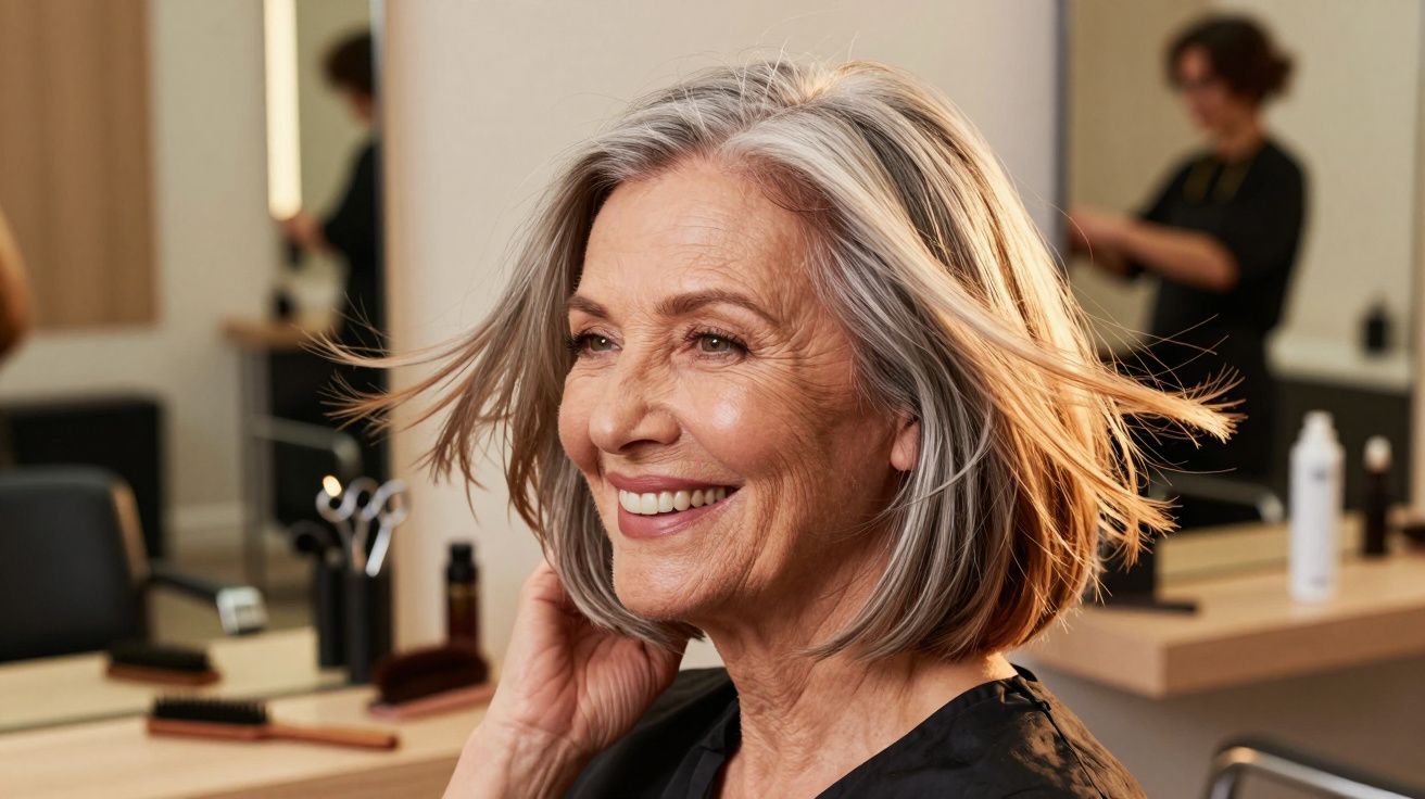 Femeie în vârstă cu păr grizonant, zâmbitoare, la salon de coafură, păr scurt în stil bob