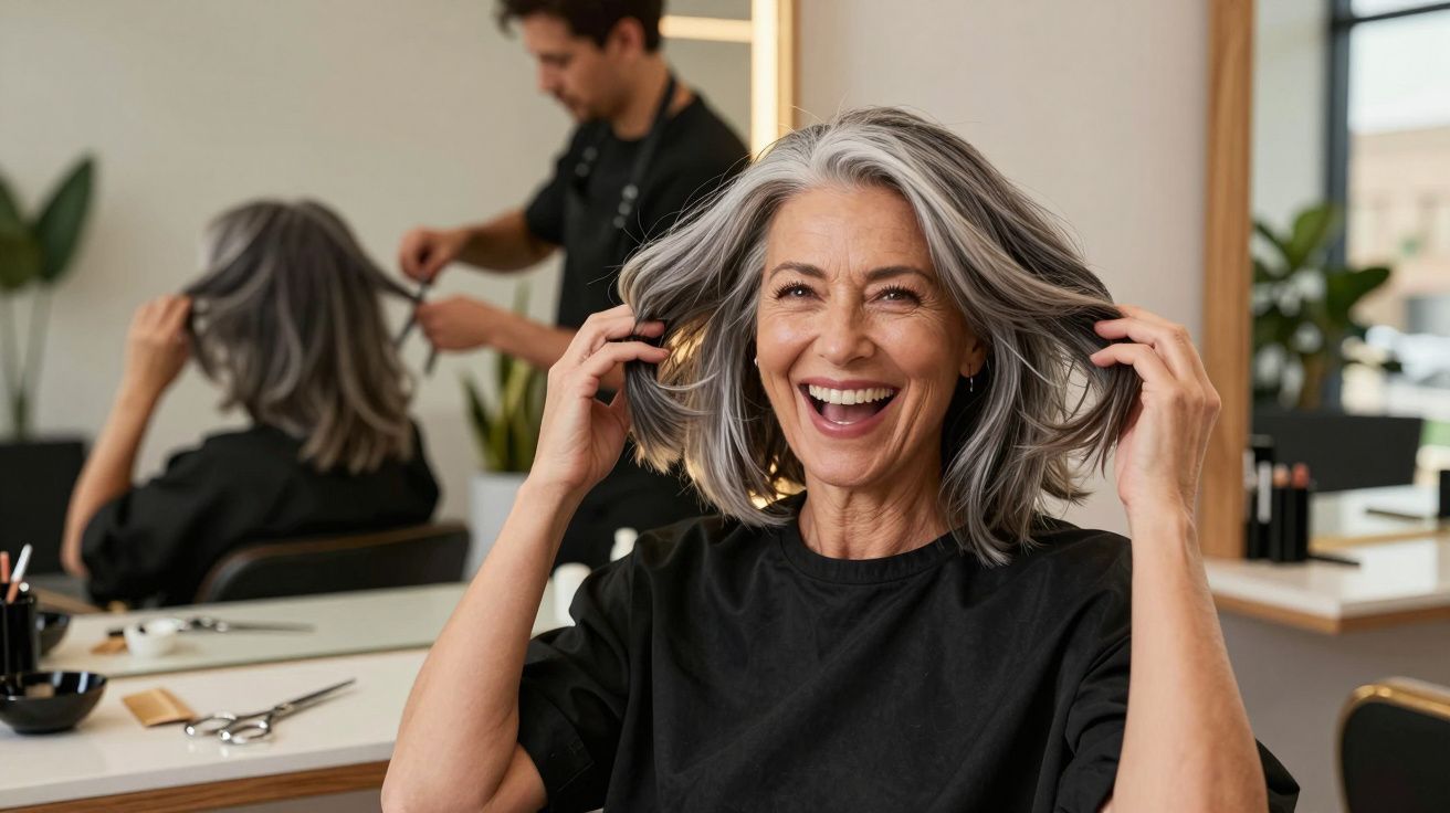 Femeie matură zâmbitoare cu păr cărunt la salon de coafură, stilist în fundal