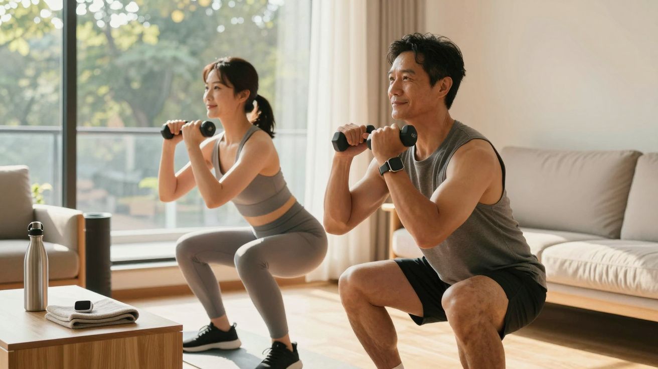 Un bărbat și o femeie fac genuflexiuni cu gantere în sufragerie luminoasă, purtând echipament sportiv