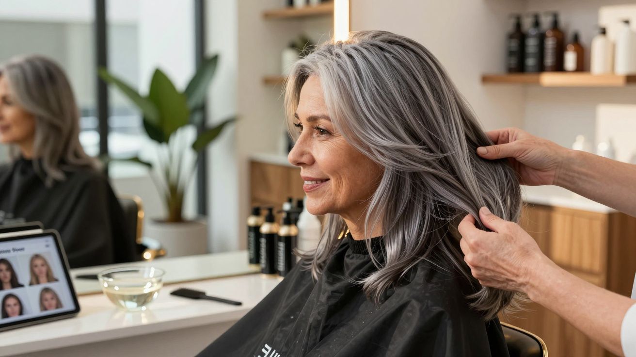 Femeie matură cu păr argintiu la salon, zâmbind în oglindă în timp ce stilistul îi aranjează părul