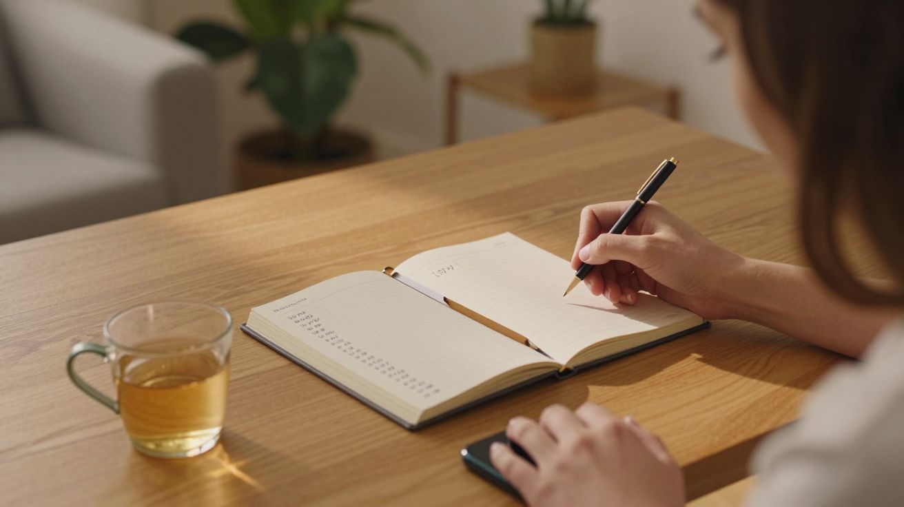Persoană scriind într-un caiet deschis pe o masă din lemn, cu o ceașcă de ceai și un telefon alături