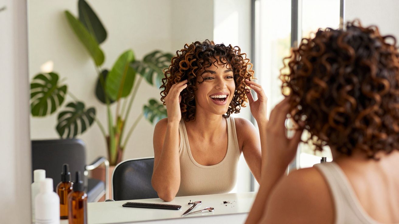 Tânără zâmbitoare cu păr creț aranjându-se în fața oglinzii, iar pe masă produse și ustensile pentru păr.