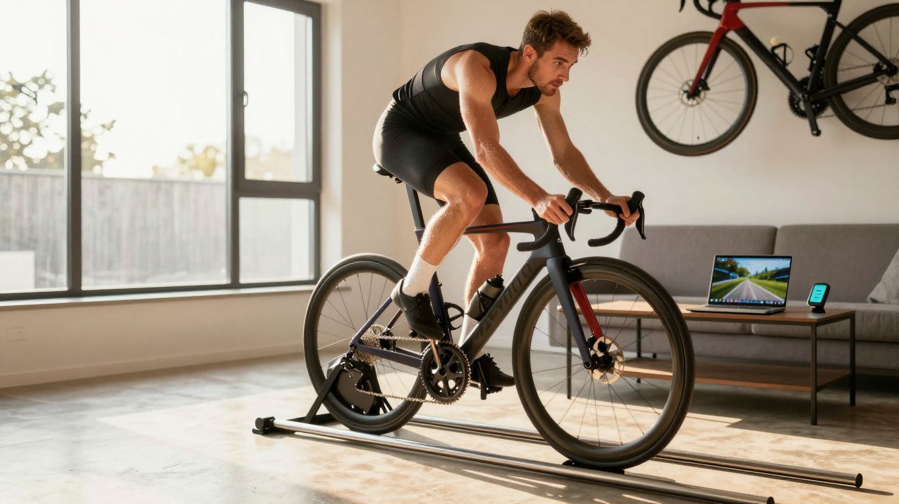 Bărbat pedalează pe bicicletă fixă pe role în sufragerie, laptop cu aplicație de ciclism pe masă.