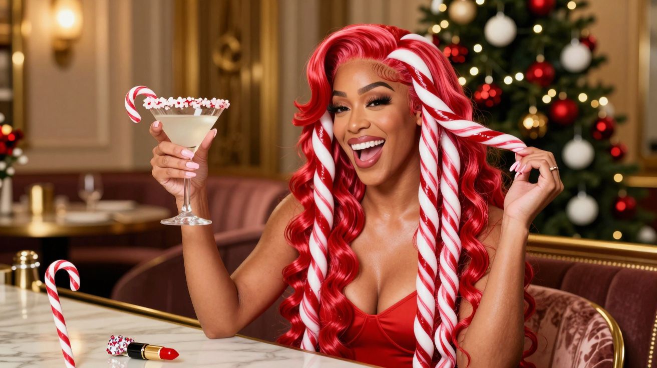 Femeie zâmbitoare cu păr roșu și șuvițe alb-roșii ca acadelele, ține un cocktail cu acadea, brad de Crăciun în fundal.