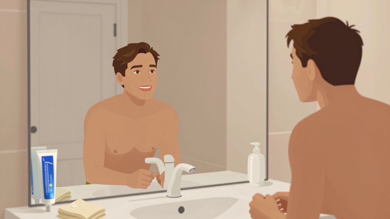 Bărbat dezbrăcat zâmbind la reflexia sa în oglinda băii, lângă chiuvetă cu pastă de dinți și prosoape