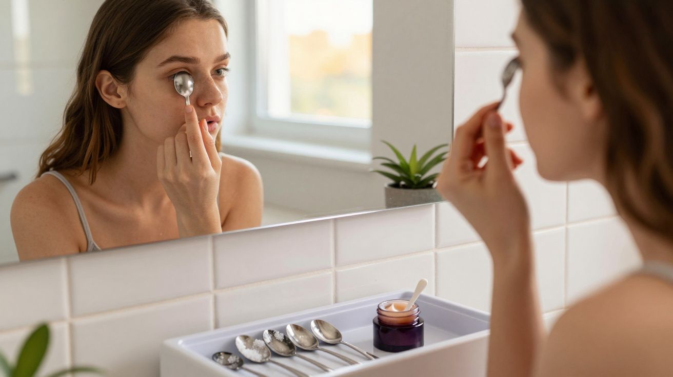 Femeie tânără își masează zona ochilor cu o linguriță metalică în fața oglinzii, borcan cu cremă pe blat.