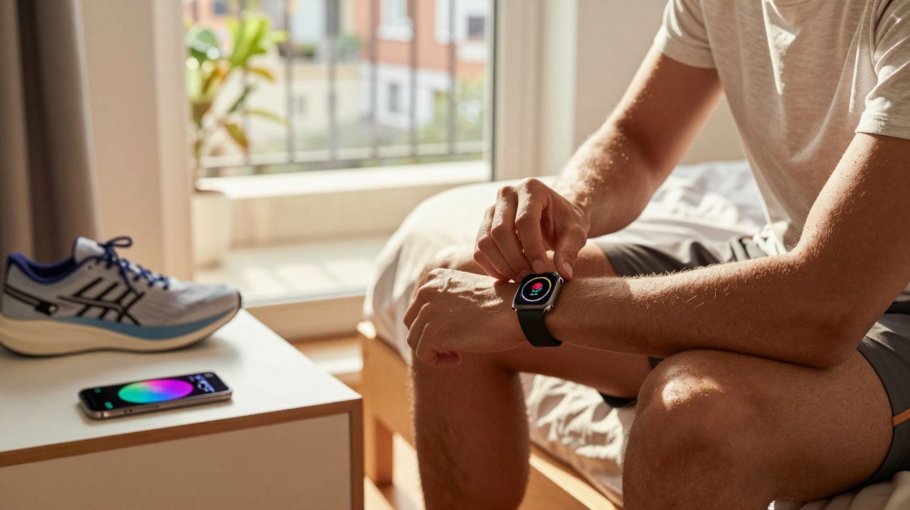 Bărbat pe pat își ajustează ceasul inteligent; pe noptieră se află un pantof sport și un telefon cu ecran color.