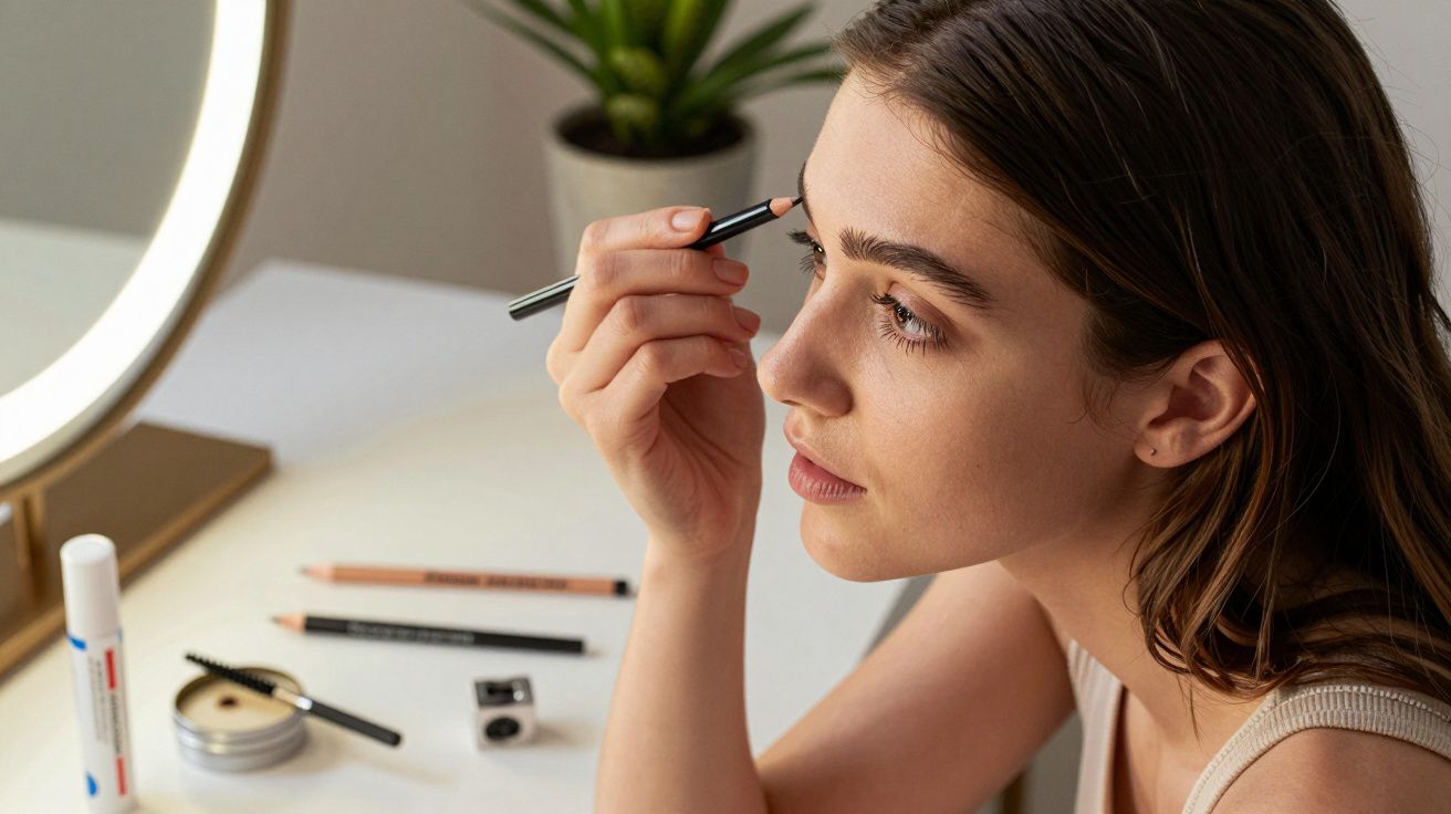 Femeie tânără aplicând machiaj la sprâncene la oglindă, cu pensule și produse cosmetice pe masă.