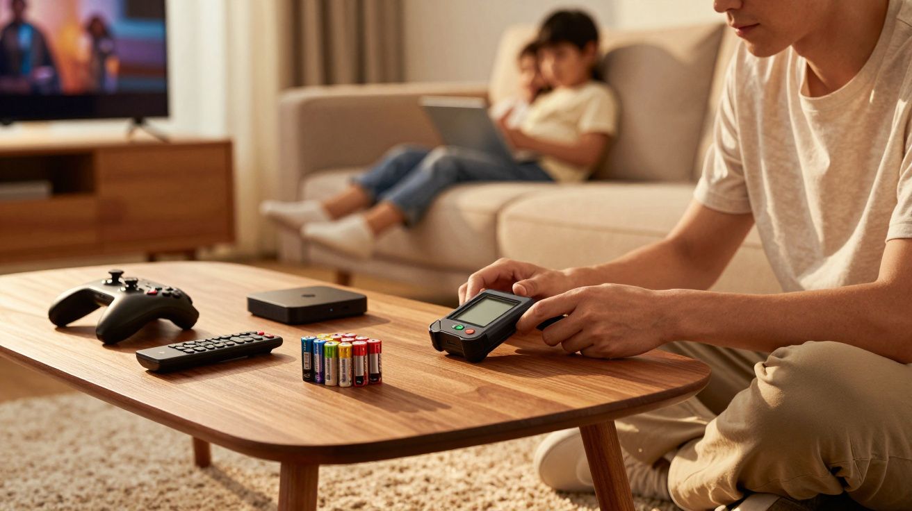 Bărbat așezat lângă o masă cu baterii, telecomenzi și un joystick, copii pe canapea în fundal.