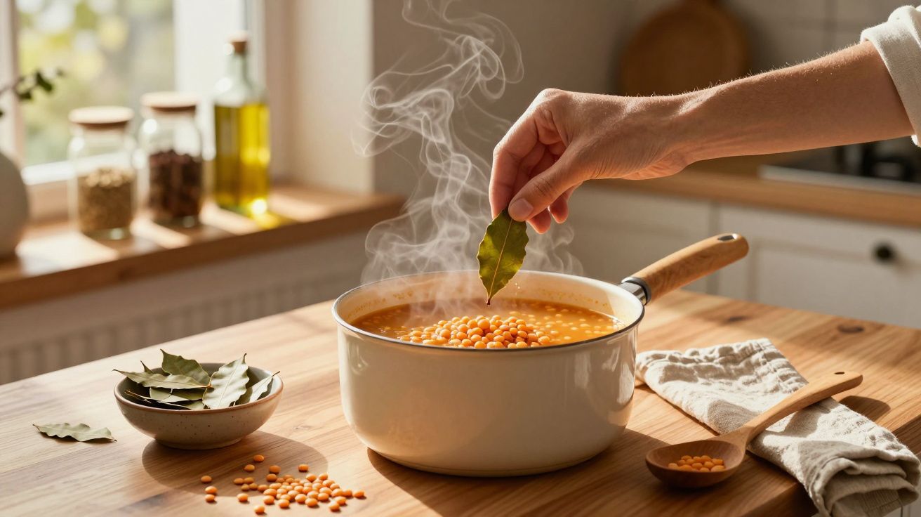 Mână adaugând frunză de dafin într-o oală cu ciorbă fierbinte pe masa din bucătărie.