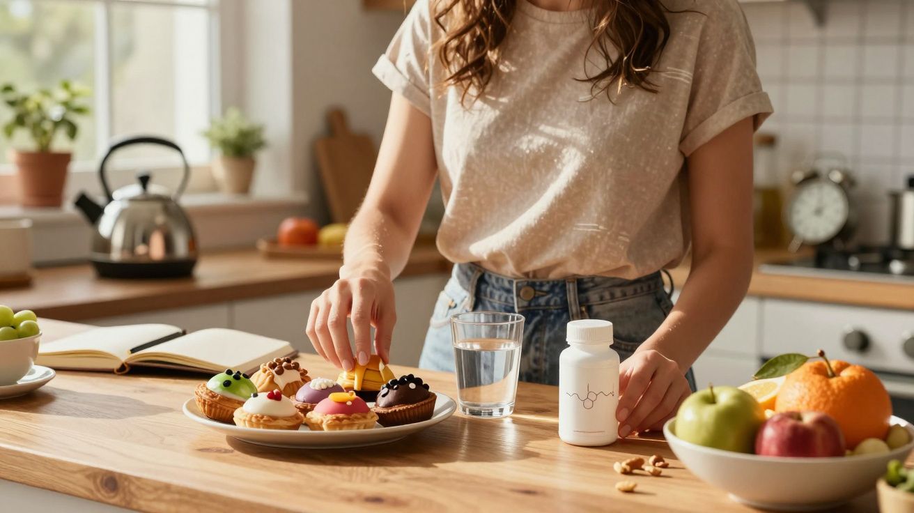 Femeie care alege o prăjitură de pe farfurie în bucătărie, cu un pahar cu apă și un flacon de pastile pe masă.