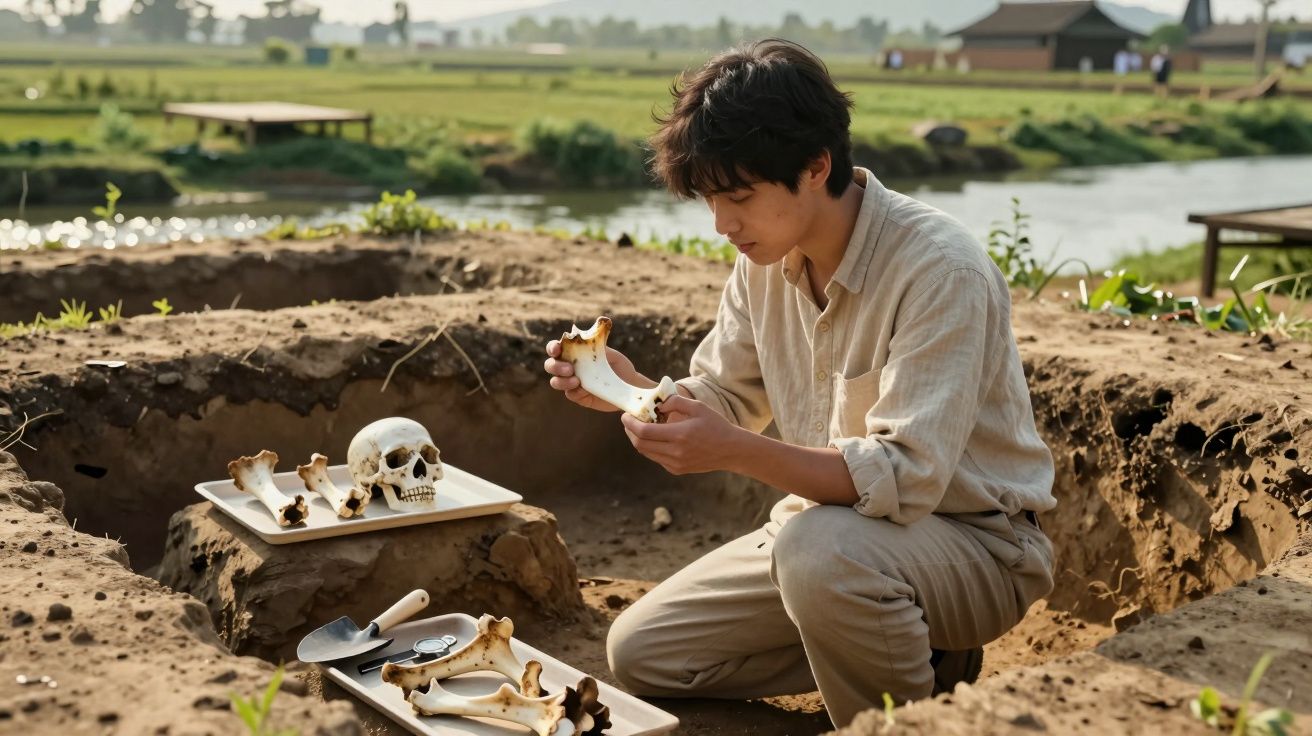 Tânăr arheolog studiază oase umane în șantierul săpăturilor arheologice în aer liber, zi însorită.