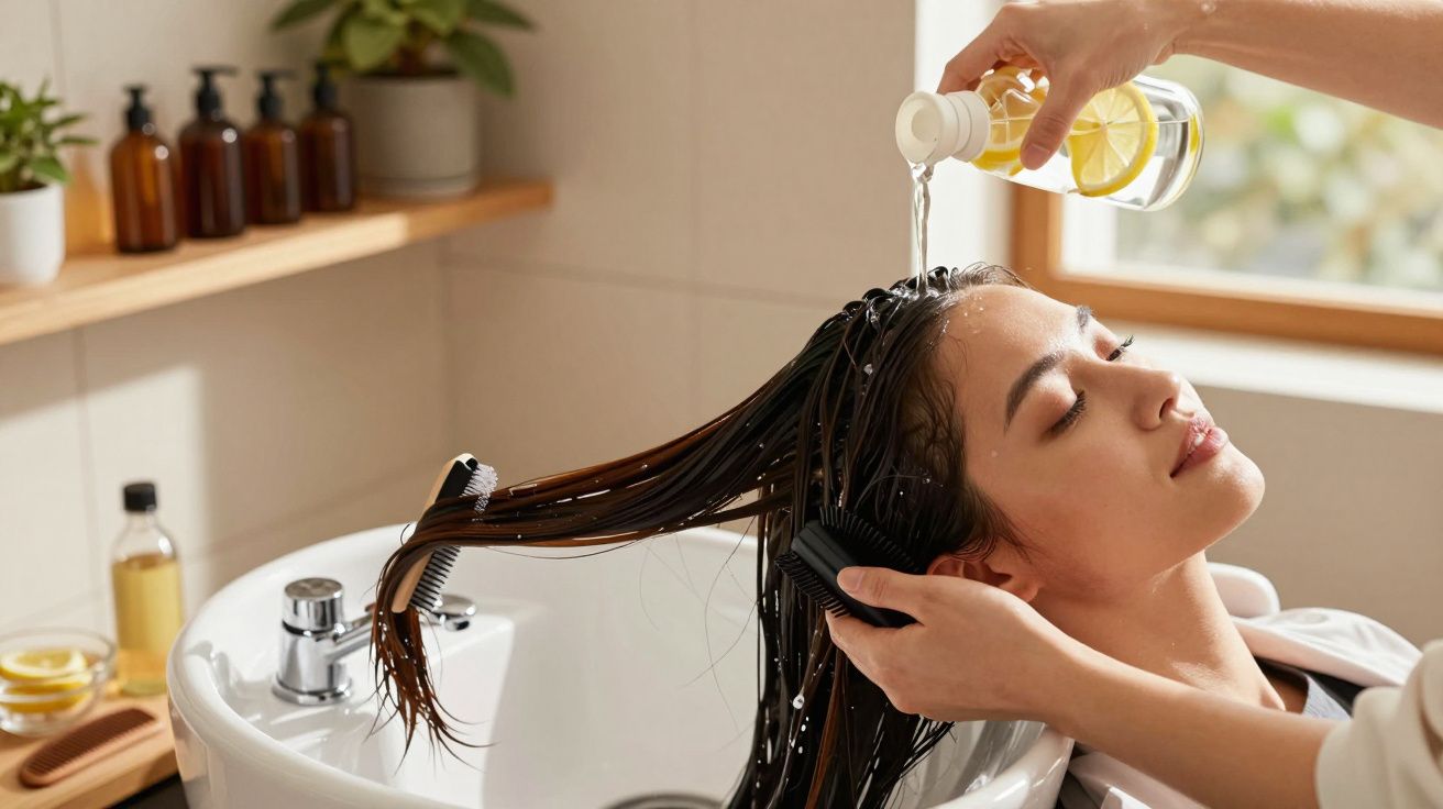 Femeie spălându-și părul la salon, cu spumă și apă curgând peste păr.