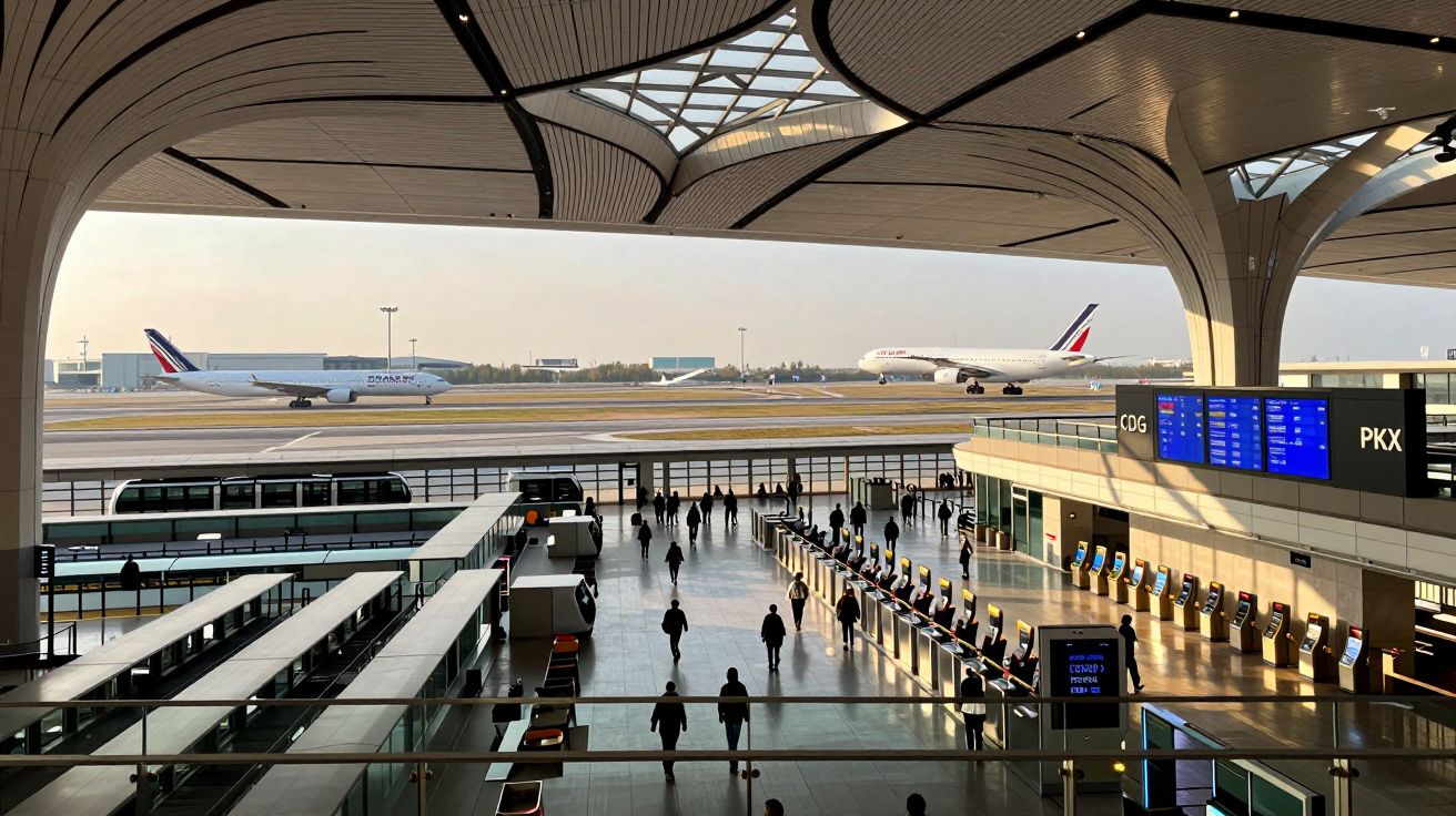 Interiorul unui terminal aerian modern cu pasageri și avioane Air France pe pistă la apus.