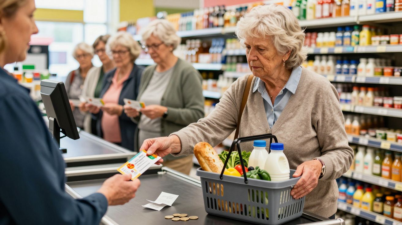 Femeie în vârstă la casă în supermarket, plătind cu card de fidelitate, cu coș de cumpărături plin.
