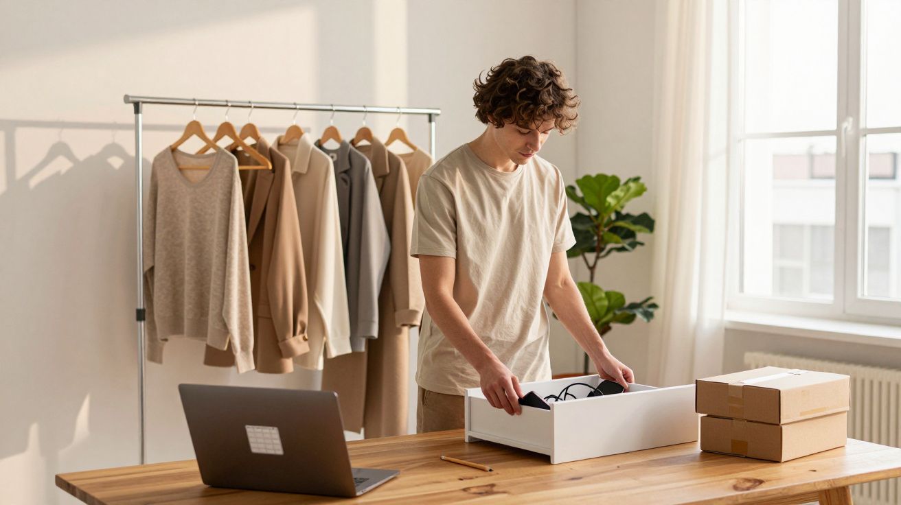 Bărbat organizând un sertar lângă un laptop, raft cu haine bej și două cutii în lumina naturală.