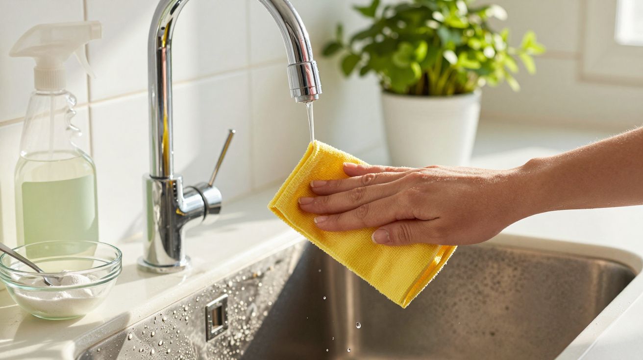 Mână ținând o lavetă galbenă sub robinet cu apă într-o chiuvetă modernă de bucătărie.