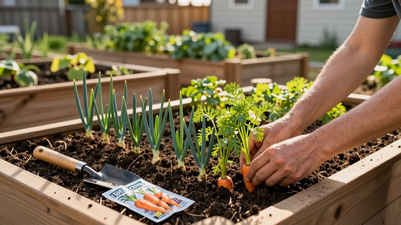 Mâini plantând morcovi într-un pat de grădină ridicat, lângă ceapă verde și pachet de semințe.