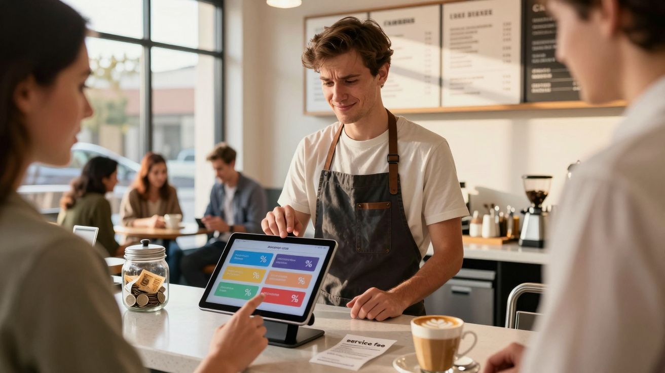 Tânăr barista prinde comanda de la clienți la cafenea, folosind un terminal digital touchscreen.