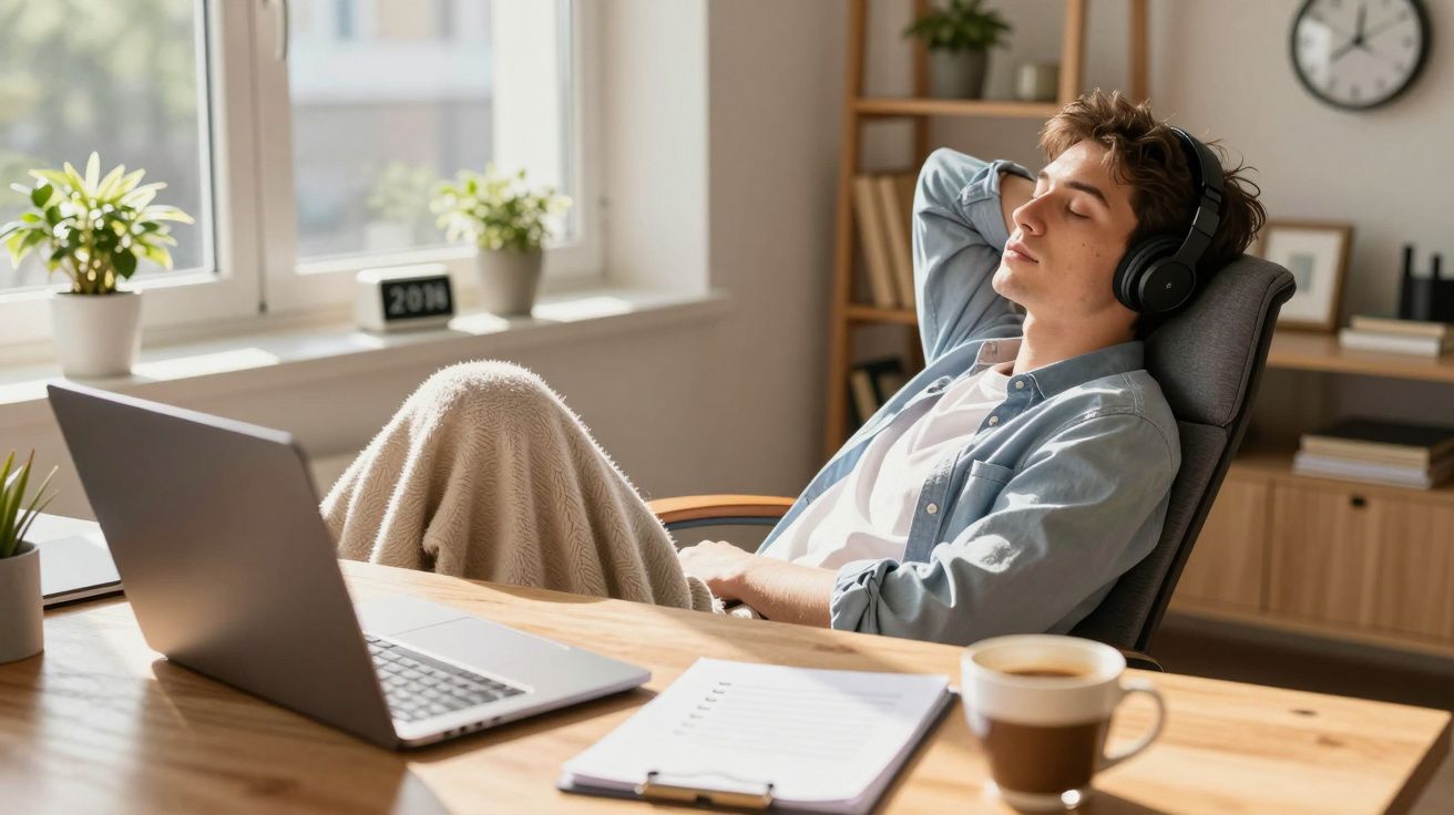 Bărbat tânăr relaxându-se cu căști pe urechi la birou, cu laptop și cană de cafea pe birou.