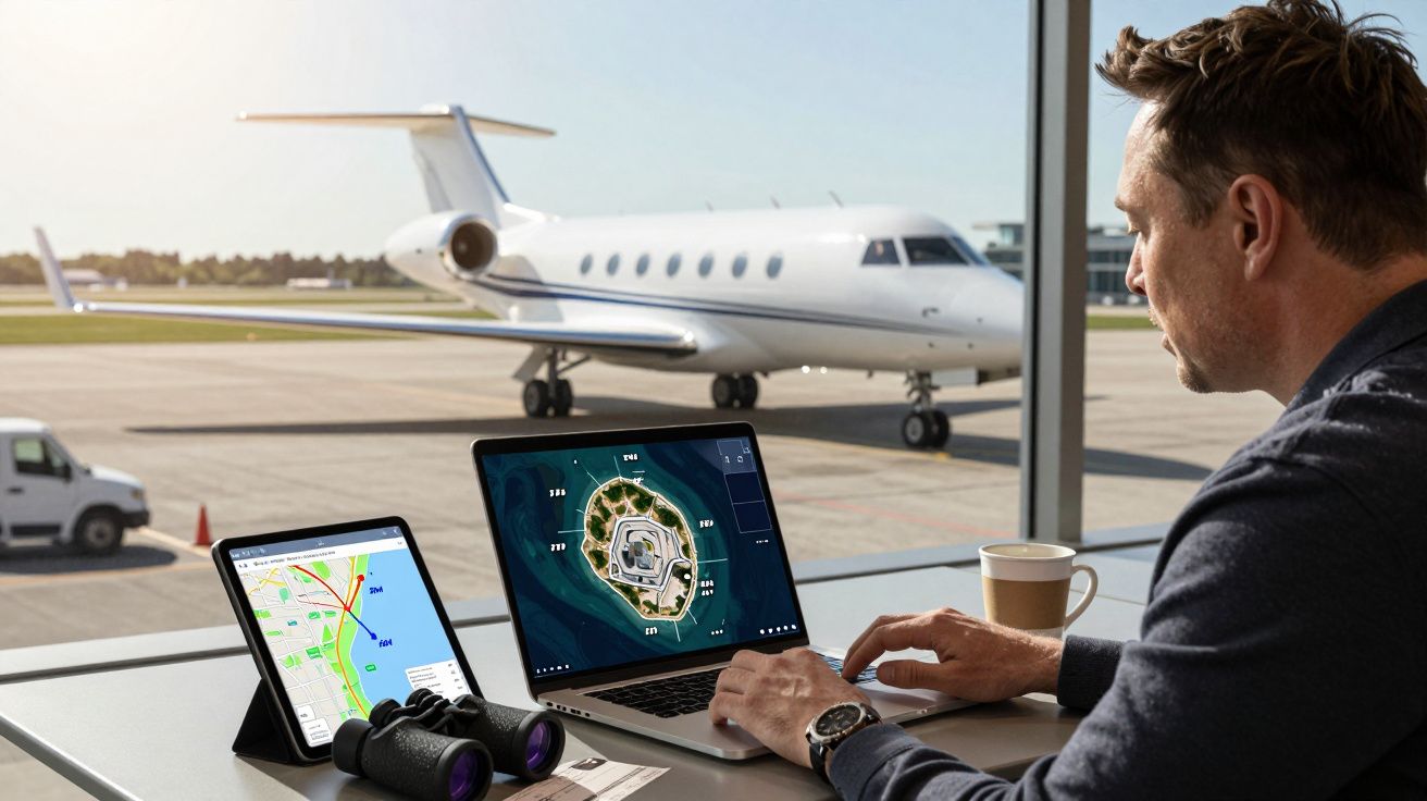 Bărbat la aeroport folosind laptop cu hartă, tabletă și binoclu, avion privat la sol în fundal.