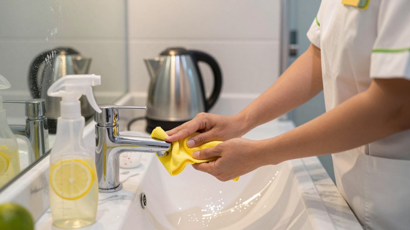 Persoană curățând baterie de baie cu cârpă galbenă, lângă chiuvetă și pulverizator cu lichid galben.