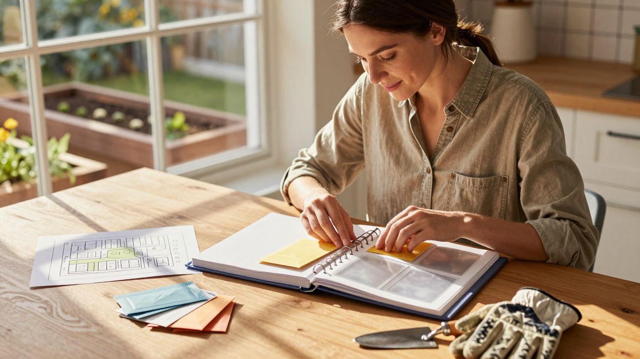 Femeie aranjând stickere într-un album, pe o masă de lemn luminată de soare, cu unelte de grădinărit alături.