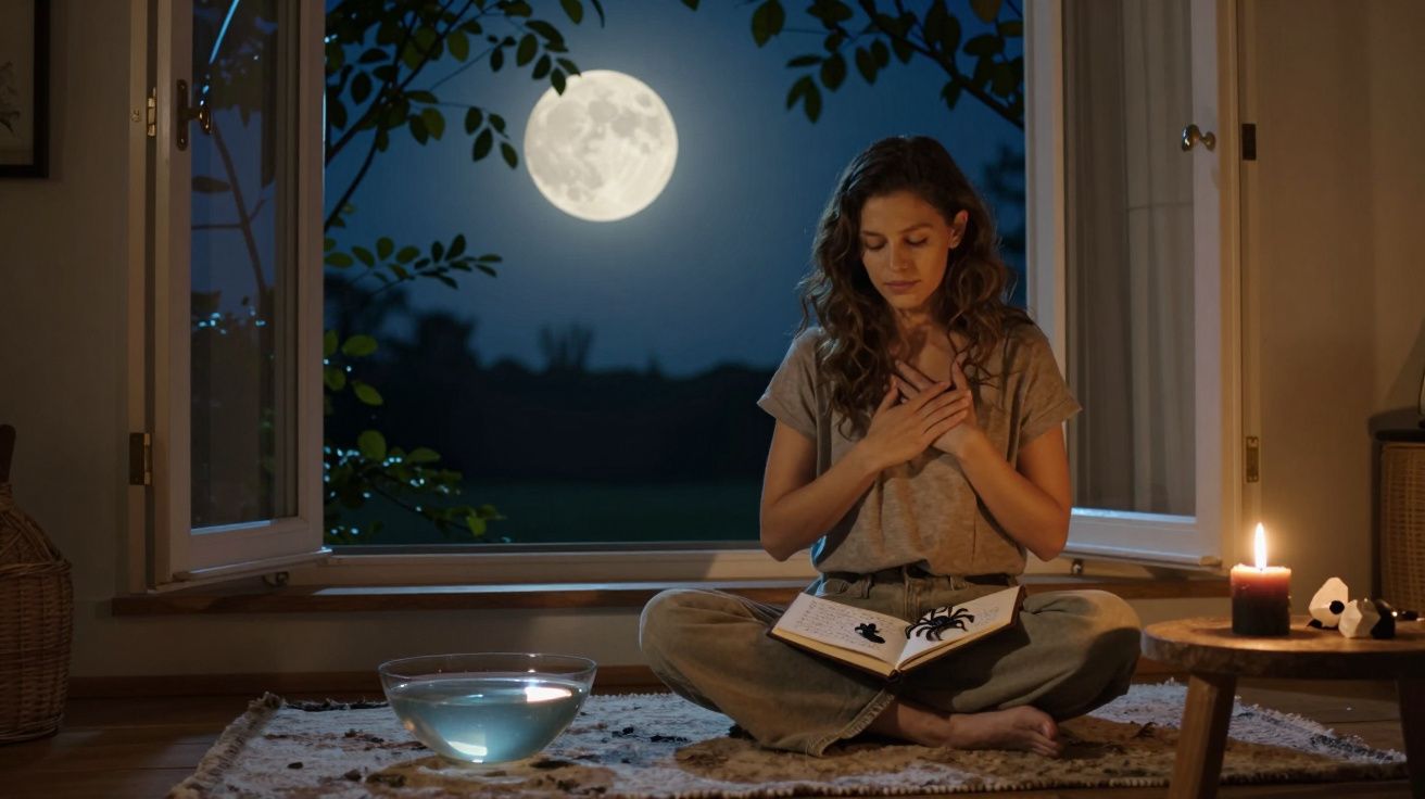Tânără meditând în fața unei ferestre deschise, cu lună plină pe cer și o carte deschisă în poală.