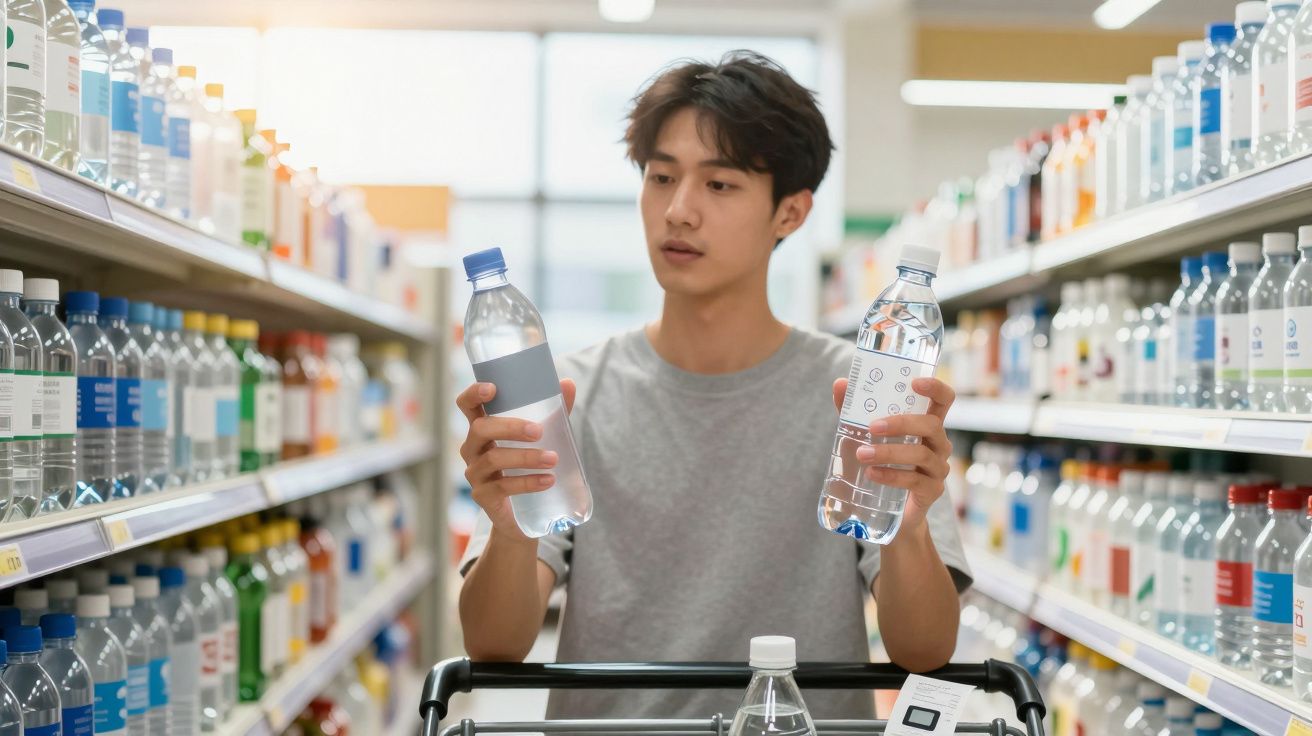 Tânăr care compară două sticle de apă într-un supermarket, în fața unui cărucior de cumpărături.