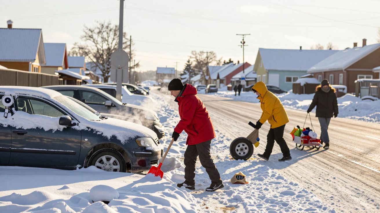 Oameni îmbrăcați în haine de iarnă curăță zăpada de lângă mașini și trotuar într-un cartier de case acoperite de zăpadă.