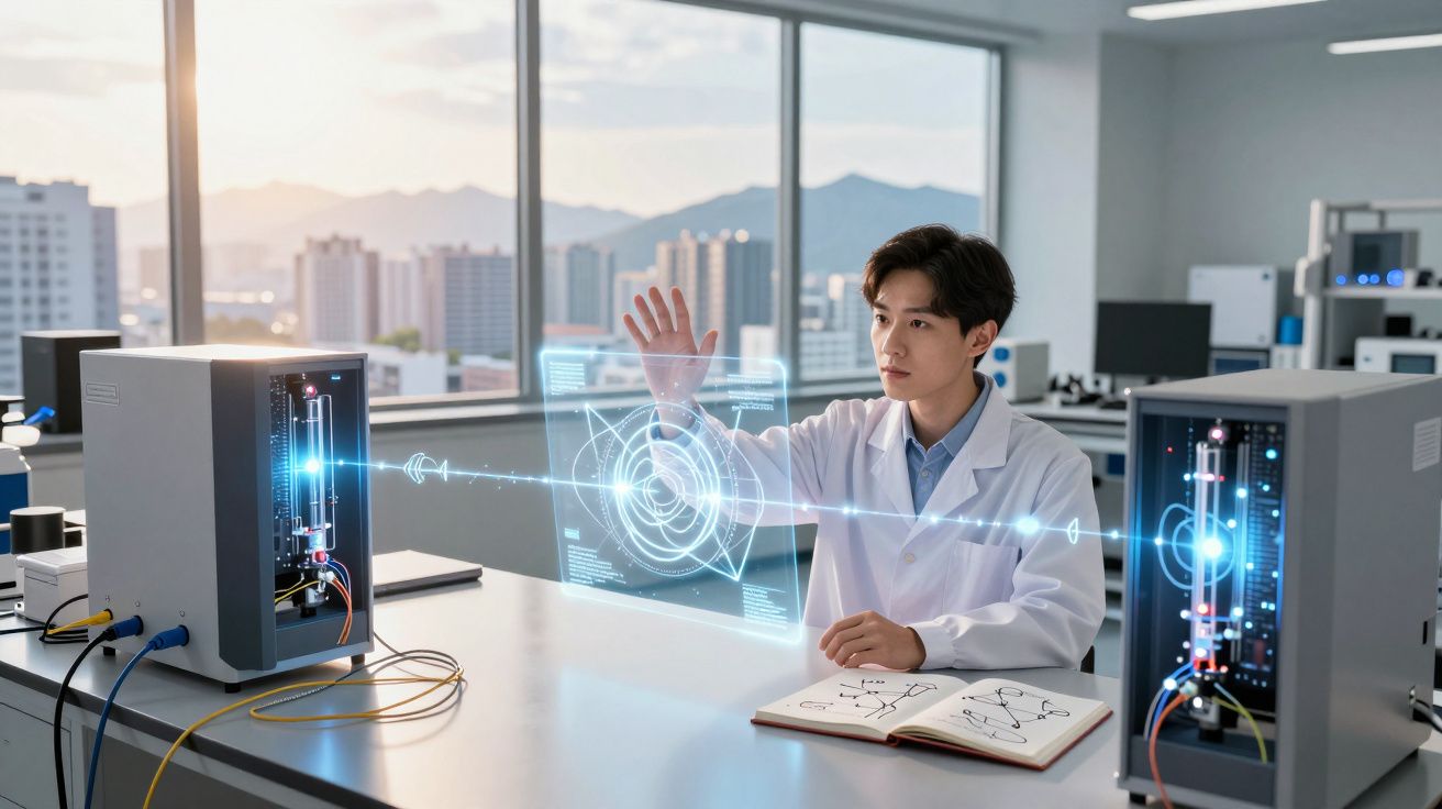 Bărbat în halat de laborator testează un hologramă tehnologică într-un laborator modern cu echipamente avansate.