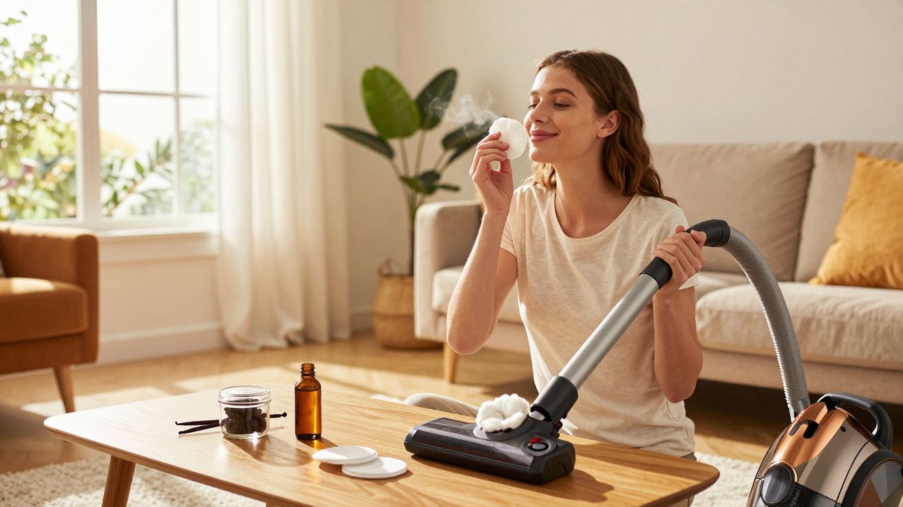 Femeie fericită care curăță aerul cameră cu laveta în vid, ținând un tampon parfumat lângă față.