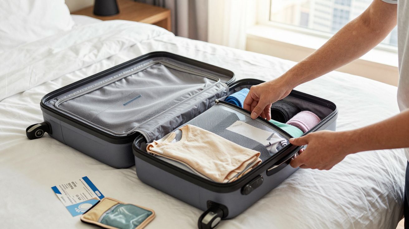 Persoană împachetând haine ordonate într-o valiză gri pe un pat alb lângă o fereastră luminoasă.