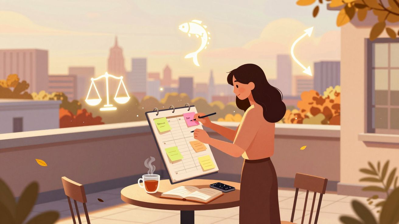 Femeie planificând agenda pe terasă, cu ceai și carte pe masă, simboluri zodiacale și oraș în fundal.