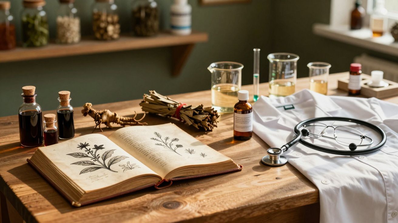 Carte veche cu plante medicinale, sticluțe cu lichide, halat alb și stetoscop pe masă de lemn.