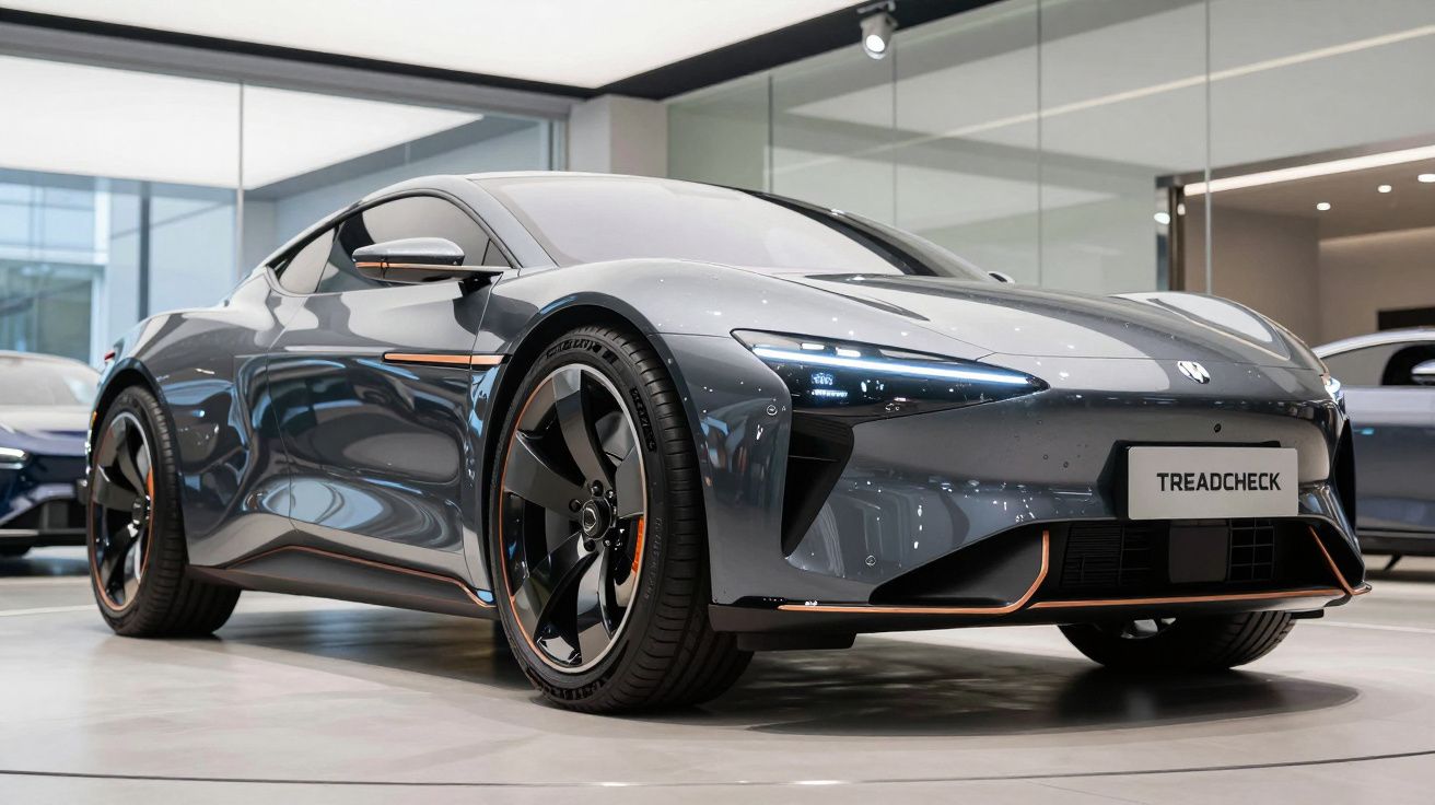 Mașină sport electrică gri închis expusă într-un showroom modern, cu faruri LED și roți negre elegante.