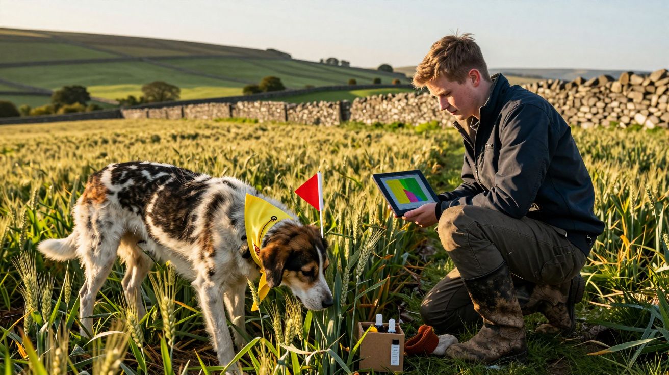 Bărbat în câmp cu tabletă și câine cu bandană galbenă care inspectează recolta de grâu la apus.