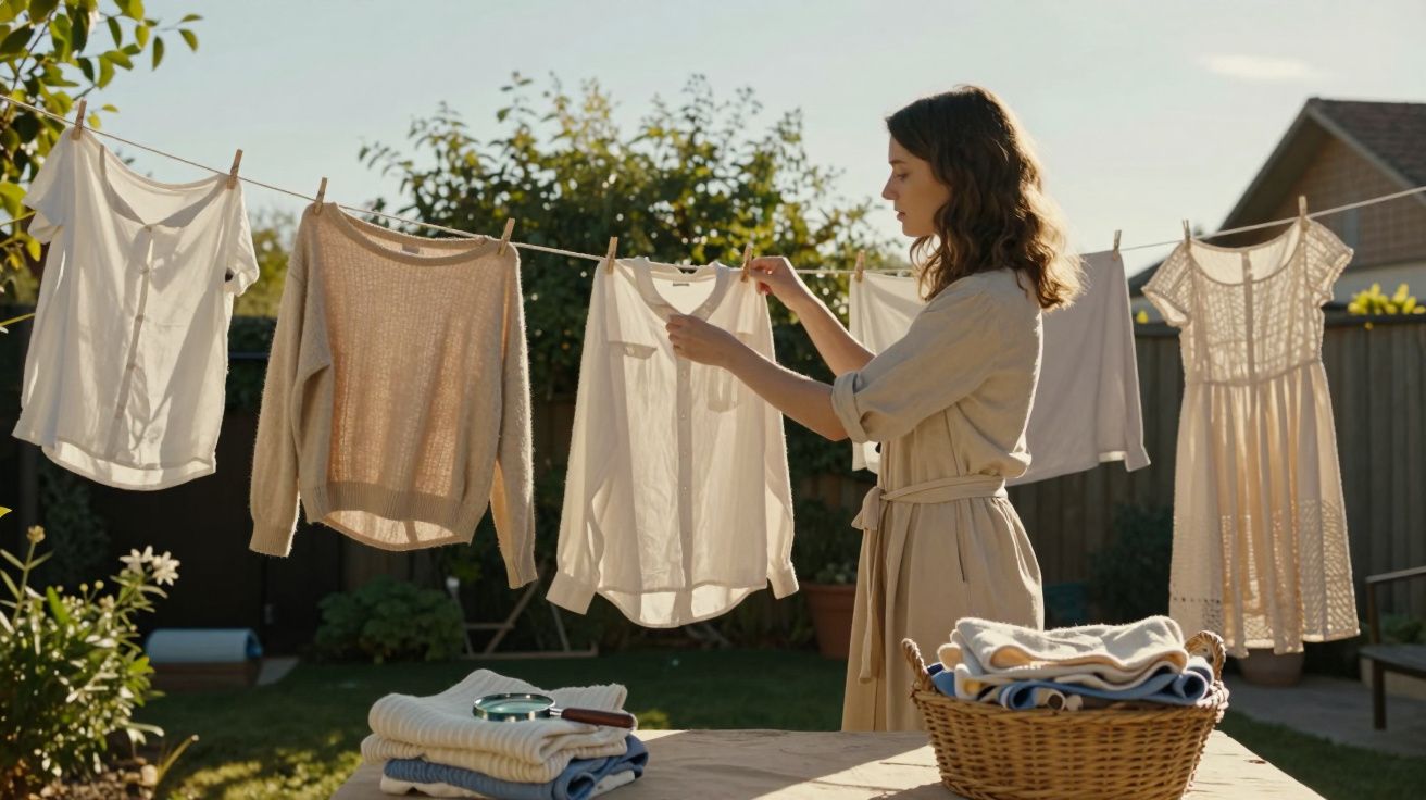Femeie atârnând haine albe pe sfoară în curte în timpul zilei însorite, cu cos cu rufe lângă ea.