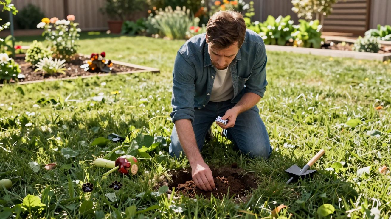 Bărbat care plantează semințe în grădină, înconjurat de flori și iarbă verde, folosind unelte de grădinărit.
